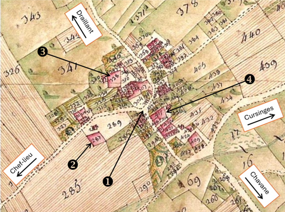 Le hameau de Pessenge sur la mappe sarde de Cervens (1730)