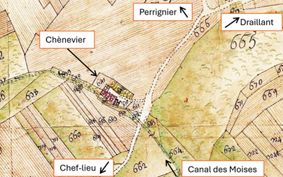 Le hameau de Chosoz sur la mappe sarde de Cervens (1730)