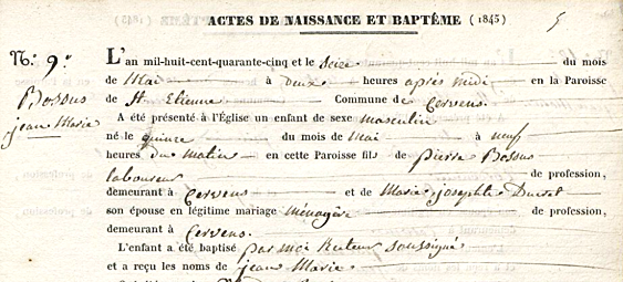 Extrait de l'acte de naissance de Jean Marie Bossus à Cervens en 1845