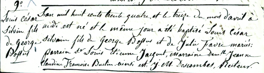 Extrait de l'acte de naissance de Louis César Bossus à Cervens en 1834