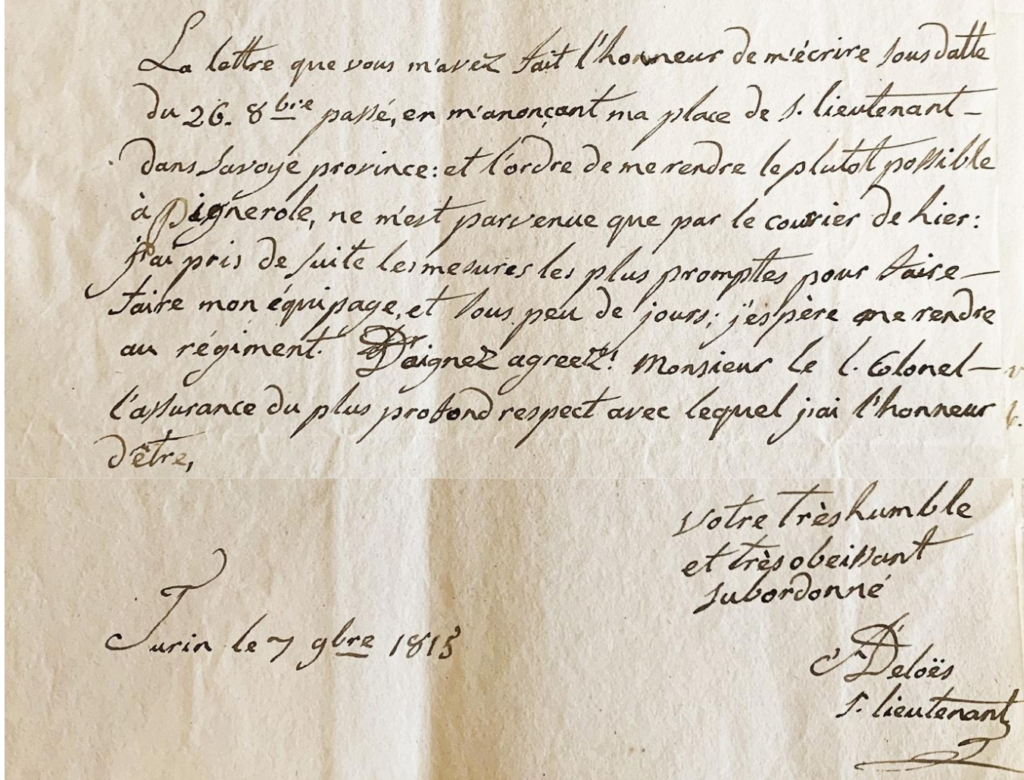 Lettre annonçant le départ de Charles Alexis Deloës pour Pignerolle en 1815