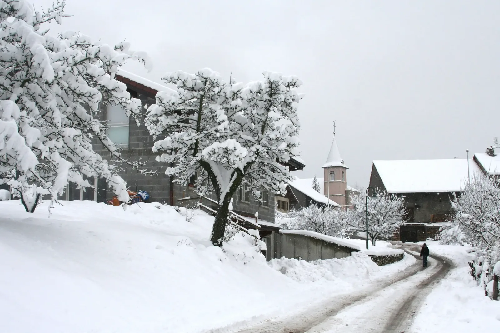 Rue de Cervens bordée de maisons et d’arbres enneigés avec le clocher en arrière-plan