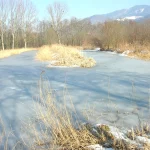 Étang gelé entouré de roseaux et d’arbres au pied des montagnes près de Cervens