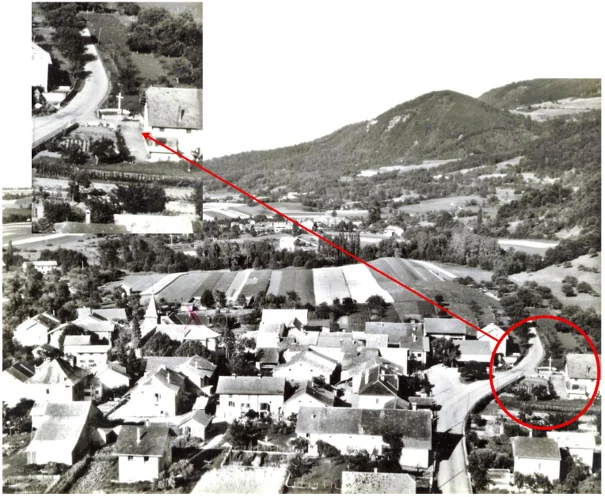 Carte postale de Cervens en 1957 indiquant la croix Blanchard au carrefour de la route du Taillou